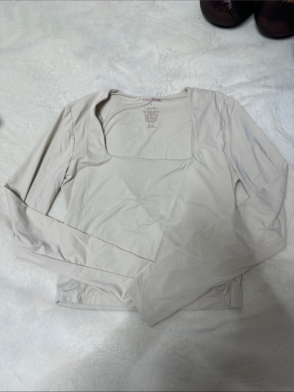 Pink Rose Square Neck Long Sleeve Top in Light Cream